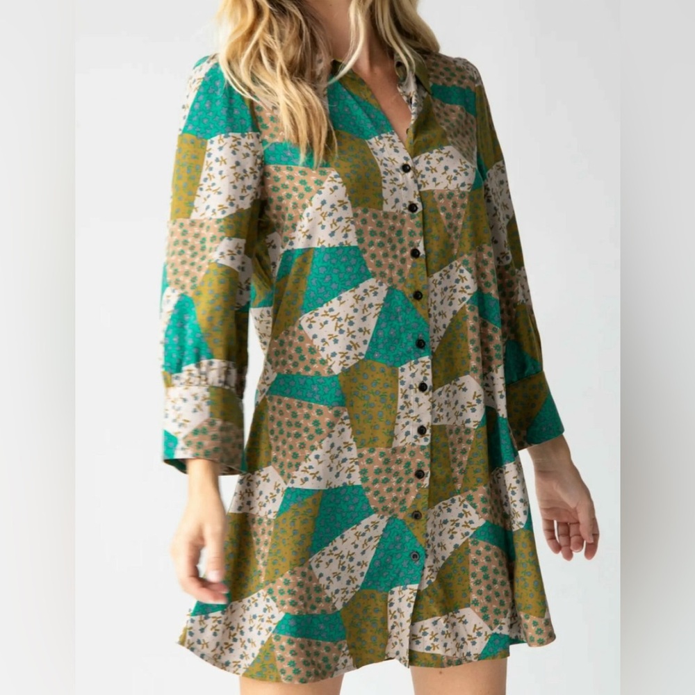 NATURAL LIFE Patchwork Mini Dress - Green and Tan